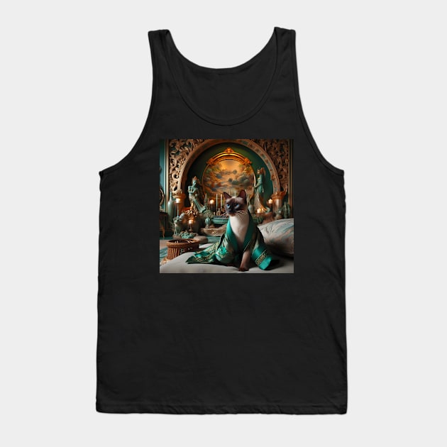 Siamese Cat in Green Silk Robe Tank Top by OddPop